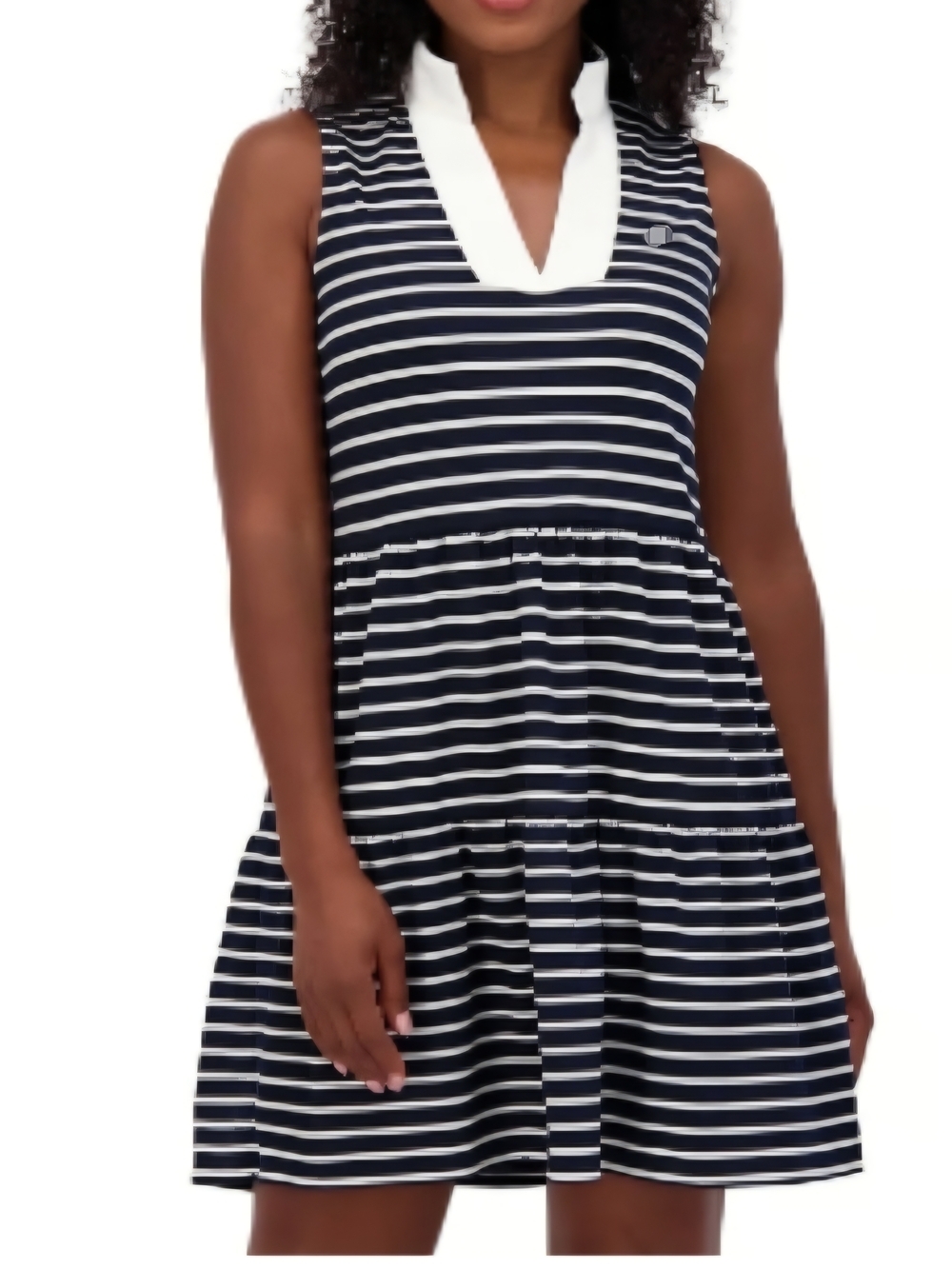 Eliza J Navy and White Striped Sleeveless V-Neck Tiered Mini Dress